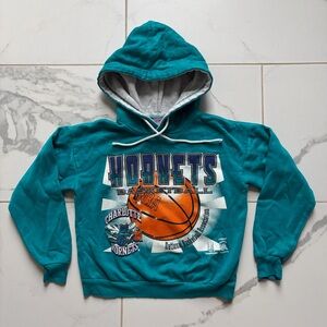 Vintage 1990s 90s Charlotte Hornets Hoodie Sweatshirt Size Kids L Teal NBA